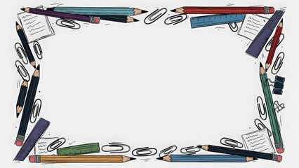 Hand drawn torn notebook paper border with colorful doodles and tape corners, playful scrapbook style frame isolated on white background.