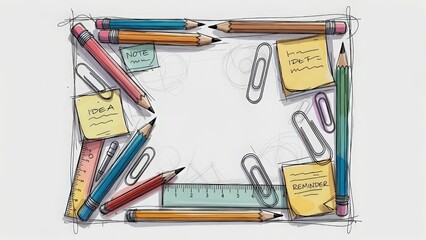Hand drawn torn notebook paper border with colorful doodles and tape corners, playful scrapbook style frame isolated on white background.