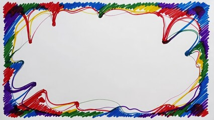 Hand drawn torn notebook paper border with colorful doodles and tape corners, playful scrapbook style frame isolated on white background.