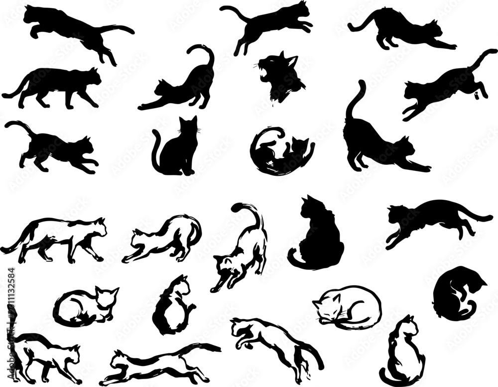 Fototapeta premium Collection of black cat silhouettes in various playful poses