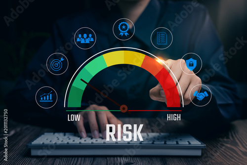 Risk Management, businessman analyzing digital risk meter with security and compliance icons, corporate assessment and decision strategy