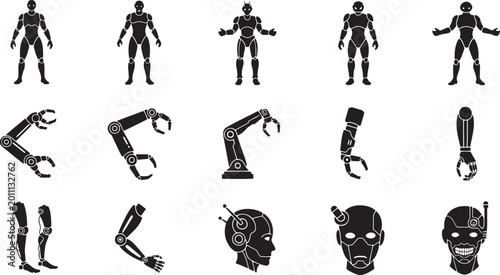 Collection of black robot and mechanical arm silhouettes on white background