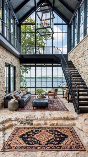 Great room with massive stone walls and tall glass windows provides an expansive view of the lake, featuring a grand iron chandelier and a cozy seating area with traditional rugs on stone floors.