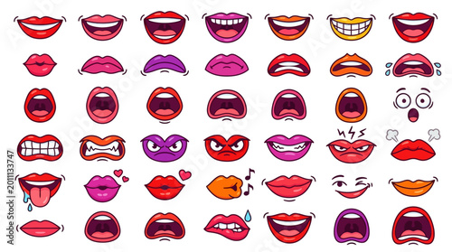 A vibrant collection of diverse mouth expressions, capturing a spectrum of emotions with striking red lips and exaggerated features