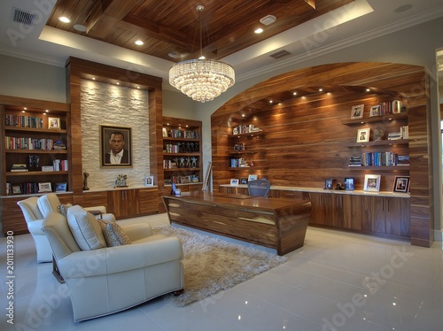 Home office features luxurious wooden wall paneling with built-in bookshelves and a large executive desk centered under a sparkling crystal chandelier in a spacious, well-lit professional interior.