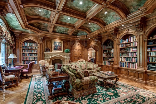 Living room library displays intricate wood carvings on the ceiling, floral upholstered furniture, and multiple bookshelves surrounding a central stone fireplace in a luxury residential home.