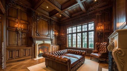 Study room showcases rich mahogany wood walls, a tufted leather chesterfield sofa, and a burning fireplace, establishing a masculine and professional aesthetic suitable for a high-end home office.