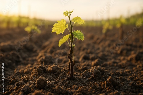 Close-up view of a young grapevine sprouting in freshly tilled soil under warm golden sunlight, symbolizing the beginning of vineyard cultivation and growth.