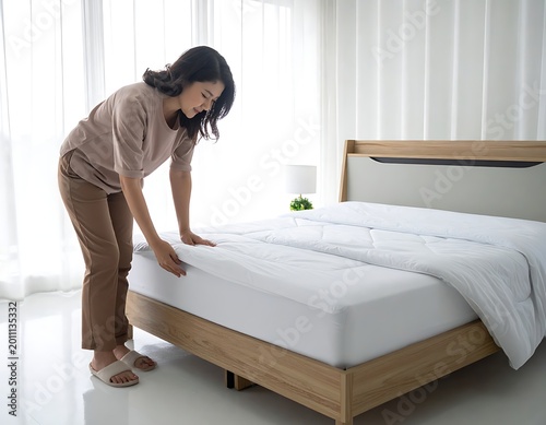 Woman making bed in modern bedroom.