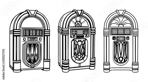 Retro jukebox set with black line art on white background featuring iconography, nostalgia, music with illustration and vector