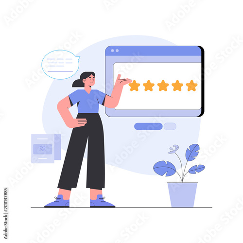Customer review illustration with woman pointing at star ratings high-quality professional detailed modern elegant stylish clean crisp