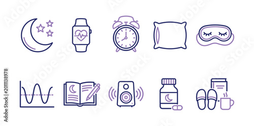 Fotografía Sleep icons vector set with moon pillow alarm clock smartwatch eye mask slippers