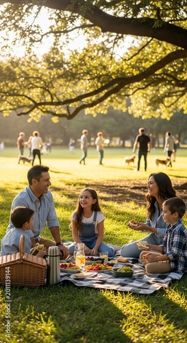 Golden hour laughter: A family picnic beneath ancient trees.