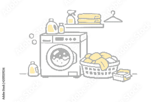 Minimalist laundry room vector illustration, front load washing machine with laundry basket and detergent bottles, clean domestic chore scene