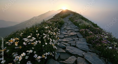 Stone hiking trail on a mountain ridge with blooming wildflowers at sunrise with a sunburst effect over the distant peaks in a serene high altitude landscape setting