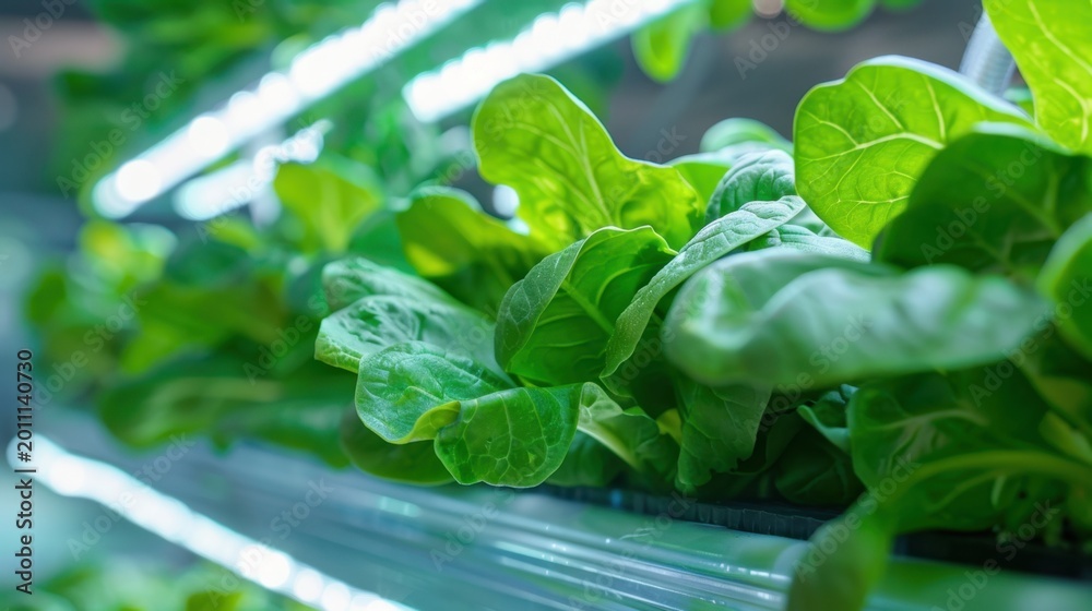 Obraz premium Fresh Green Leafy Vegetables Growing in Hydroponic System Under Bright LED Lights in Modern Urban Agriculture Setting