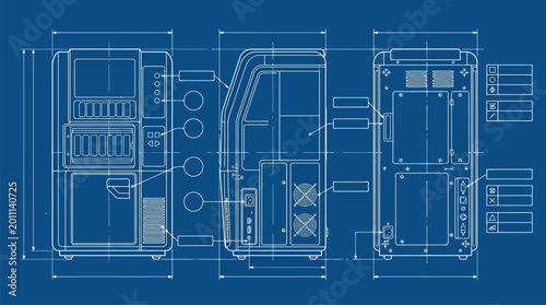 Blueprint technical drawing of a mechanical device.