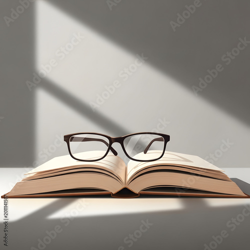 Open Book with Eyeglasses in Natural Light Study and Reading Concept