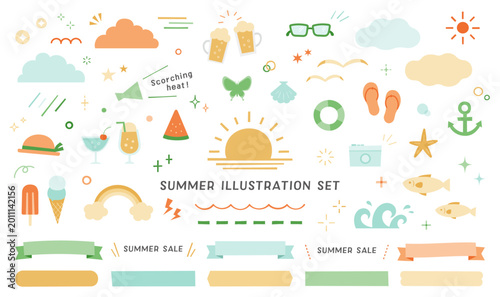 Schilderij op canvas 夏のイラストセット　海辺　ビーチ　バカンス　夏休み　飾り　装飾　旅行　南国　海水浴　真夏　8月