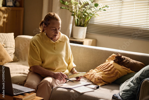 Billede på lærred Senior woman reviewing bills and using calculator on sofa beside laptop, managing household budget and retirement finances