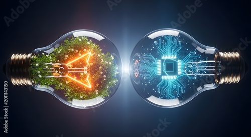 Conceptual image of nature and technology merging in light bulbs