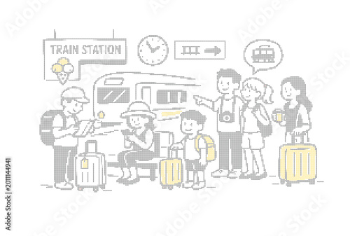 Hand drawn train station illustration with travelers and luggage, minimalist sketch of people waiting for public transport, yellow and grey vector art