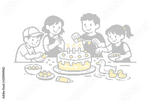 Minimalist line art children decorating birthday cake, happy kids celebrating party with sweets and ducks, simple yellow and gray vector illustration