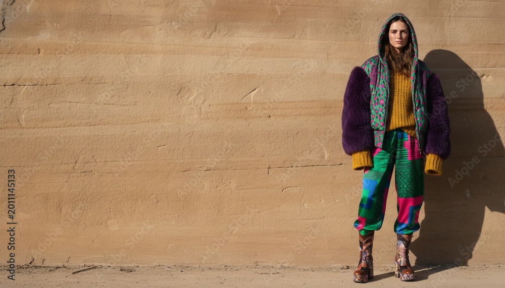 Obraz premium Fashion model wearing eclectic high fashion clothing against textured stone wall
