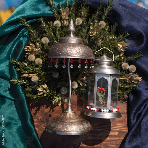 top view on islamic new year decorative objects wi