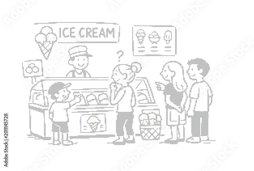 Hand drawn ice cream shop illustration, people waiting in line at summer dessert stand, black and white sketch of customers buying gelato