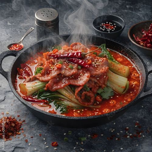 a skillet filled with meat and vegetables fictiona