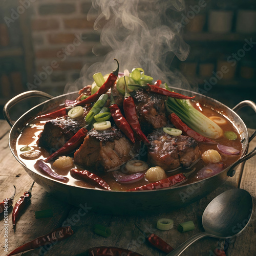 a skillet filled with meat and vegetables fictiona