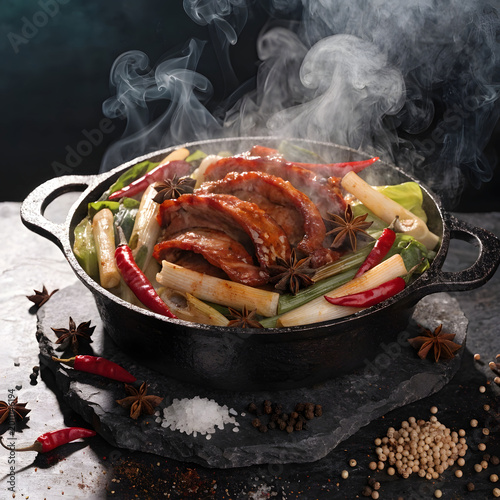a skillet filled with meat and vegetables fictiona