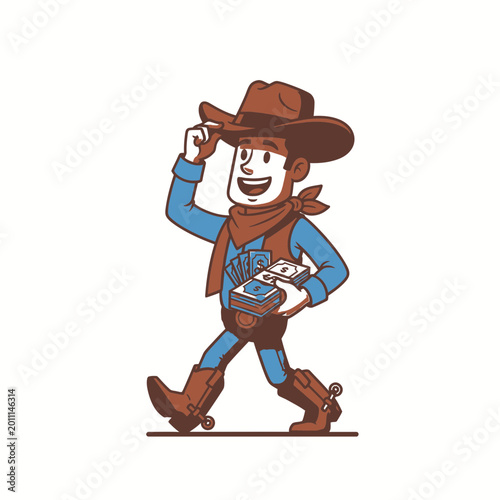 Cartoon Cowboy Character Walking with Money.