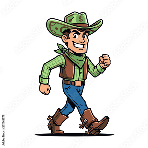 Cartoon cowboy walking with confidence and a smile.