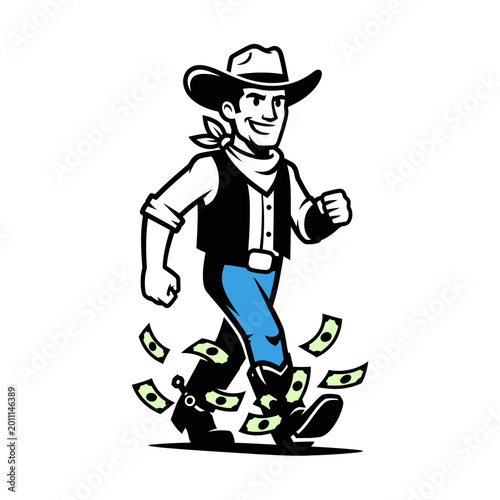 Cartoon cowboy walking with money falling from his boots.