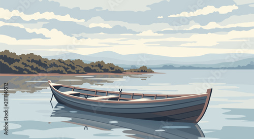 Fotografie Serene lake landscape vector illustration featuring a solitary wooden boat float
