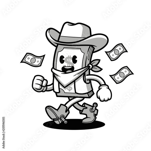 Cartoon money character dressed as a cowboy running with cash.