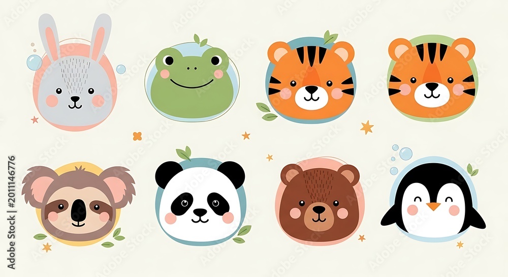 Obraz premium Cartoon animal faces collection bunny frog tiger koala panda bear and penguin