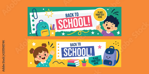 Back To School Colorful Banner Kids Children Education Vector Illustration