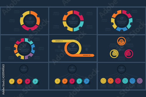 Set infographic with 2, 3, 4, 5, 6 steps, options, parts or processes. Template for web on a black background.
