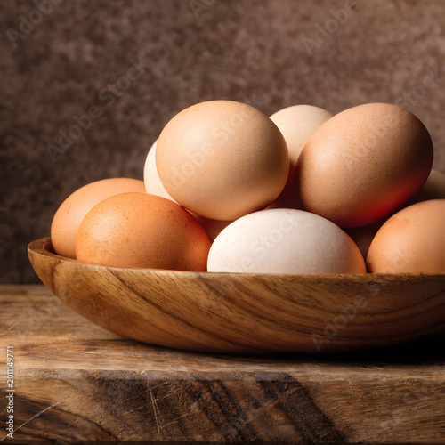 side view of fresh organic poultry farm eggs in a