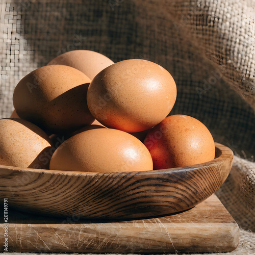side view of fresh organic poultry farm eggs in a