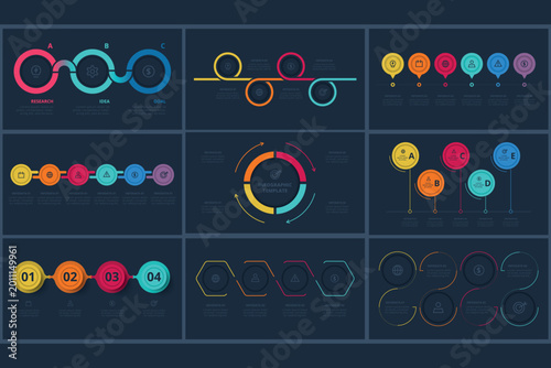 Set infographic with 3, 4, 5, 6 steps, options, parts or processes. Template for web on a black background.