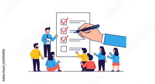 A group of people learning or being evaluated with a giant hand checking off items on a large checklist.