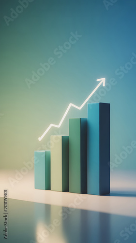 3d bar chart with glowing white arrow showing growth trend on blue green background