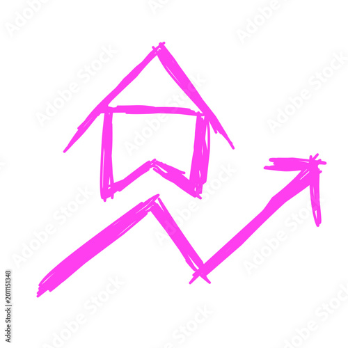 Pink Hand Drawn Sketch House With Upward Arrow. Real Estate Growth Symbol for Property Investment Presentations, Market Analysis Reports, and Business Templates.
