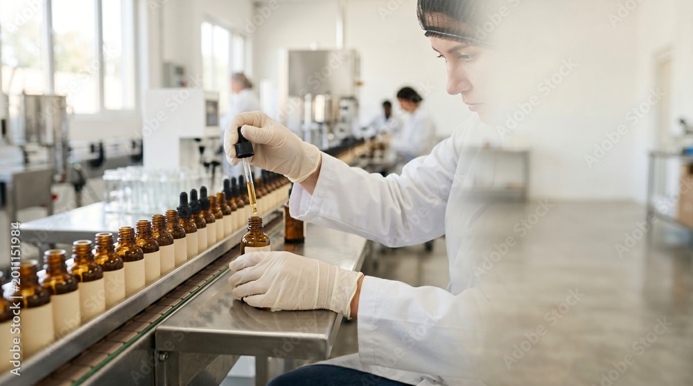 Naklejka premium Scientist in a lab coat works on a production line filling amber bottles with liquid using a dropper