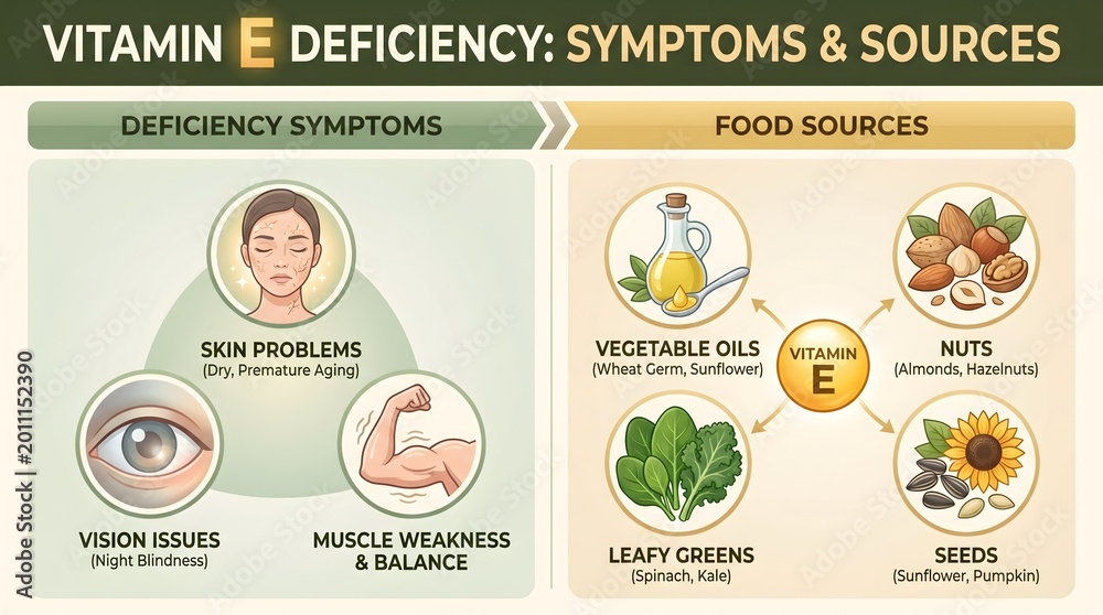 Obraz premium Infographic Chart of Vitamin E Deficiency and Diet Sources