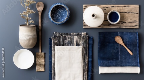 Elegant Arrangement of Kitchenware and Textiles on Dark Surface for Culinary and Home Decor Inspiration